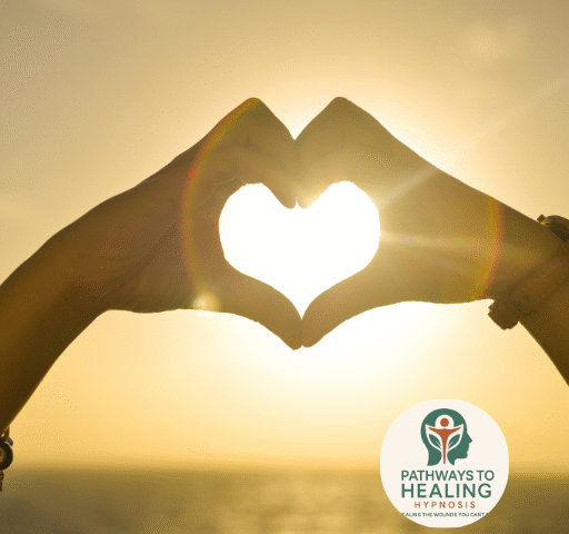 Two hands forming a heart shape against a sunset, with the Pathways to Healing Hypnosis logo overlay.
