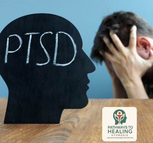 Man sitting with his head in his hands, beside a black paper cutout labeled ‘PTSD,’ with the Pathways to Healing Hypnosis logo overlay.