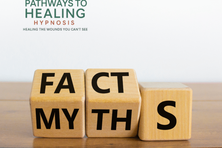 Stacked wooden building blocks labeled ‘Facts’ and ‘Myths,’ overlaid with the Pathways to Healing Hypnosis logo.